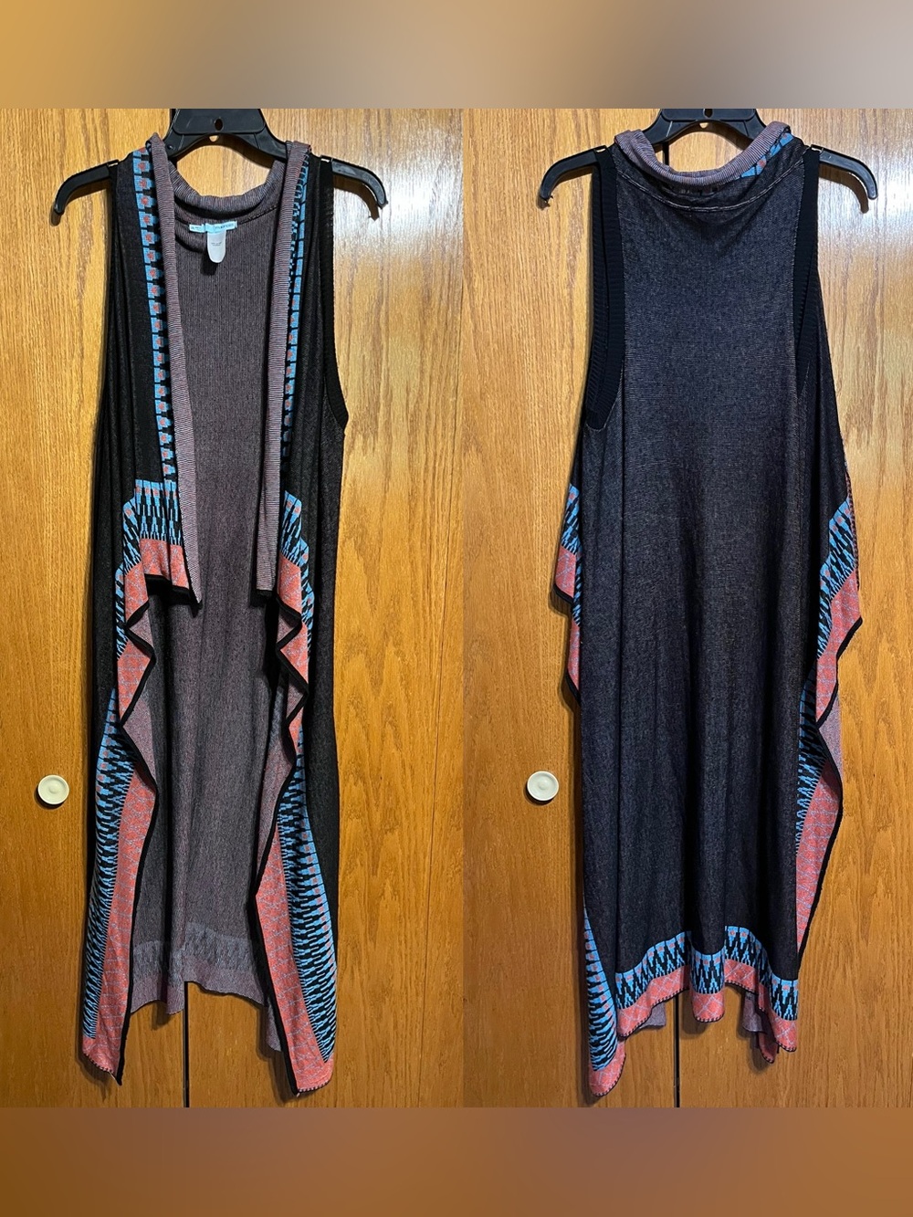 Sleeveless Open-Front Black Long Vest with Coral & Teal Trim